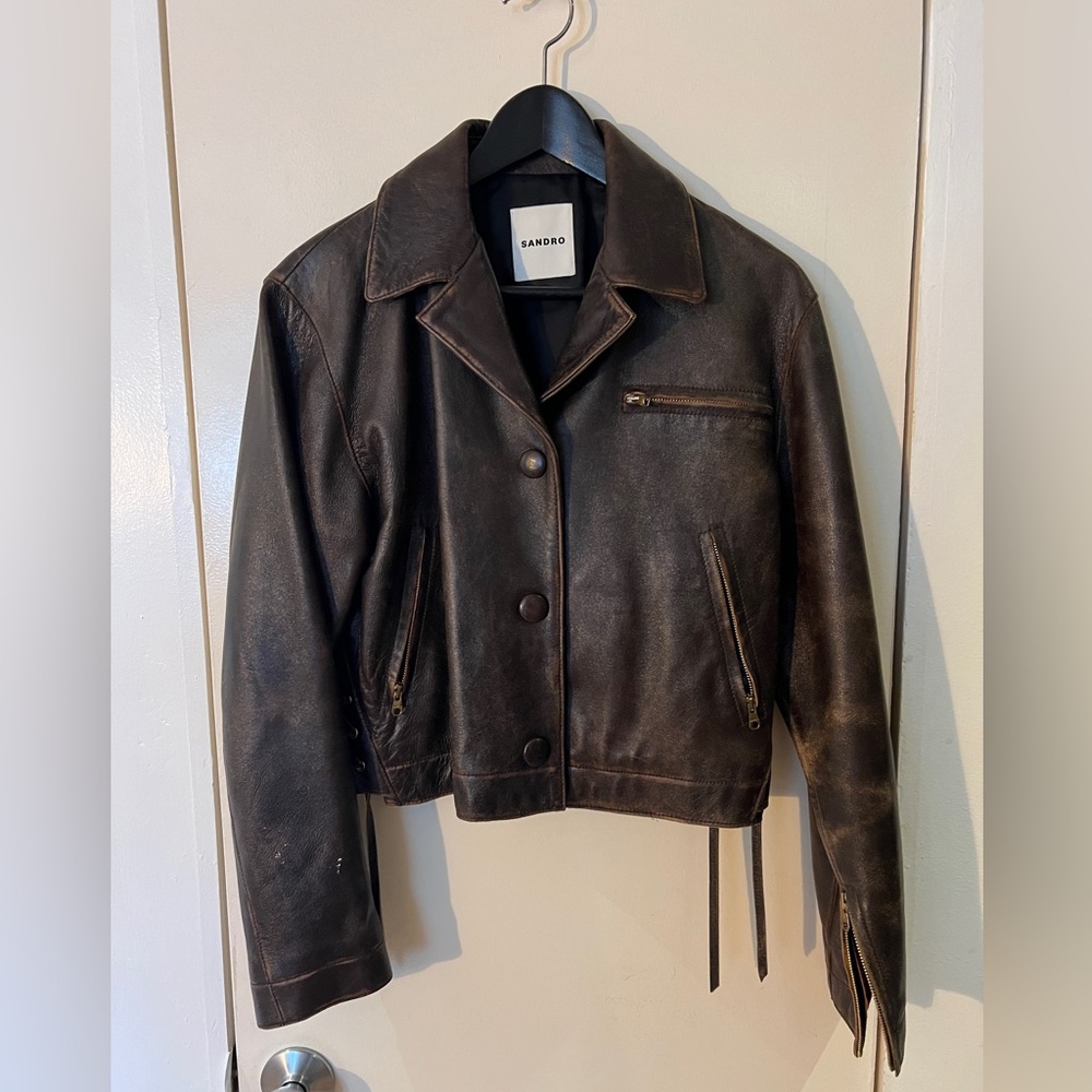Sandro Brown Leather Jacket Fitted Cropped Design